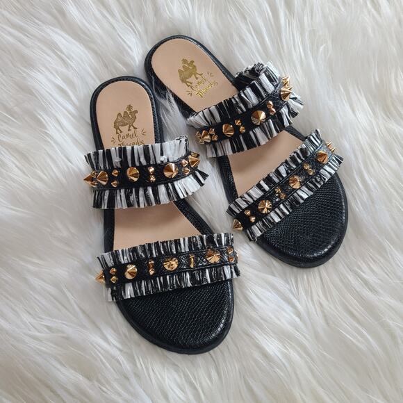Camel Threads Blair Black White Studded Sandal 6 Fringe Slip On Slide Gold - Picture 1 of 3